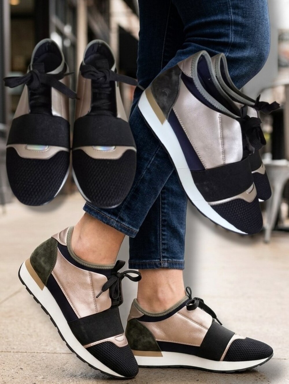New 🖤🤎💚 VIVOROSA Women's Black/Bronze/Green Leather/Suede Wedge Sneakers